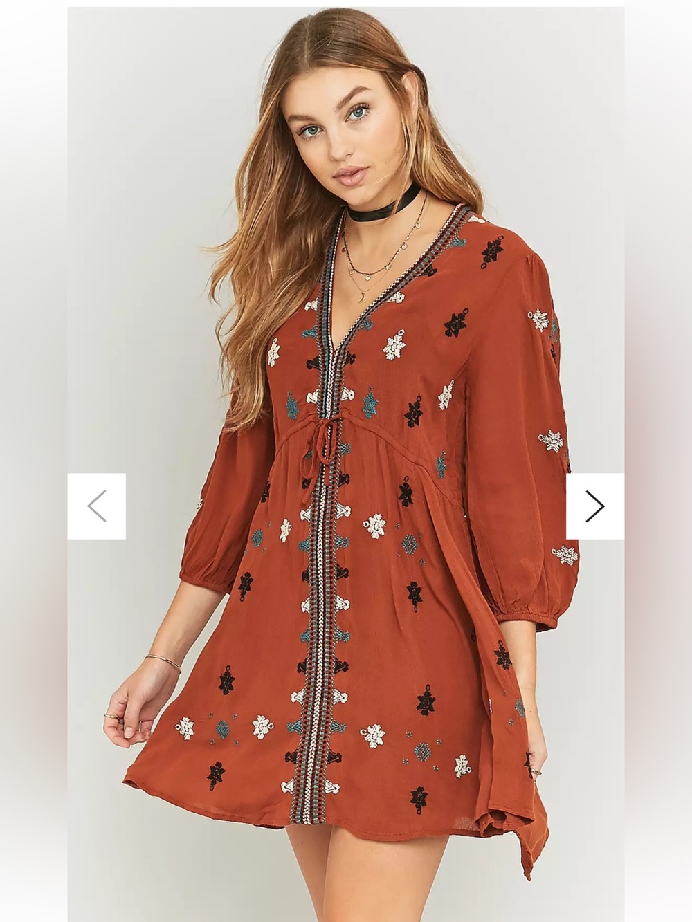FREE PEOPLE Stargazer Rust Embroidered Peasant Dress
